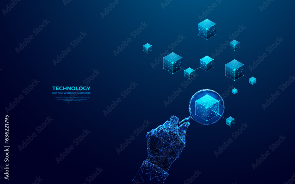 Aufkleber Abstract human hand with magnifying study blockchain icon. Research and analysis of blockchain technology. Futuristic low poly wireframe vector illustration. Modern polygonal style on blue background.