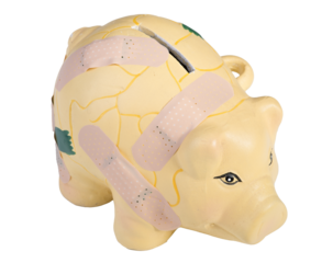 a piggy bank with plasters