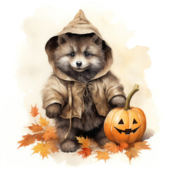Fototapeta na wymiar Watercolor illustration of a wolf cub wearing a Halloween pumpkin costume. AI Generated Images