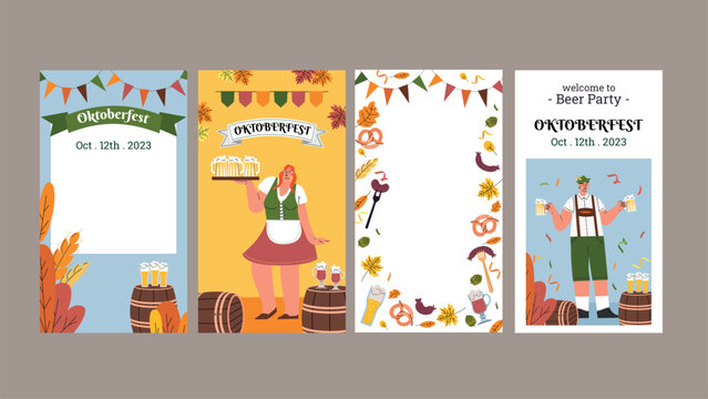 Oktoberfest instagram stories template. Beer Festival. People Wearing Traditional Clothes and holds a mug of beer. Vector flat illustration with lettering and autumn leaves.
