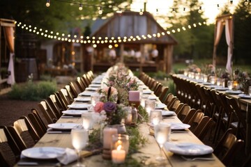 rustic wedding table setting with flowers in dror at home, in the garden.decoration with a lot of string lights and candles. Catering. banquet decor - Powered by Adobe