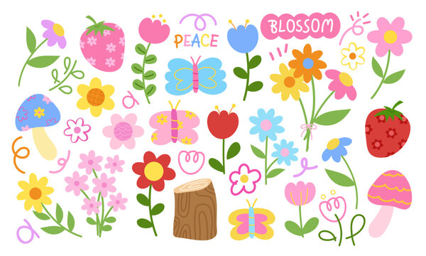 Cute flowers, strawberry, butterflies and abstract doodle elements for nature and garden decoration, pastel icon, fashion brand logo, fabric print, pattern, stickers, tattoo, summer banner, frame, ads
