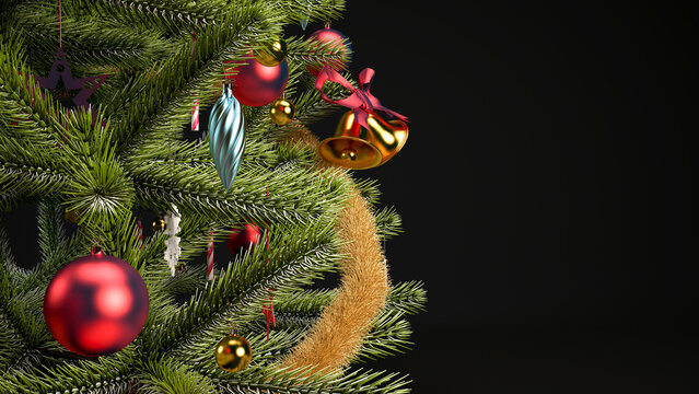 Christmas background with close up christmas tree and copy space. Happy new year black backdrop concept 3d render illustration.