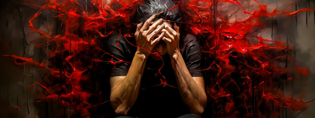 sad disappointed man covers his face with his hands, portrait drawn by watercolors