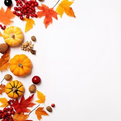 Fototapeta premium Autumn composition. Rowan berries, dried leaves, pumpkins, and flowers on white background. Autumn, fall, halloween, thanksgiving day concept. View from the top, with text space. Generative AI