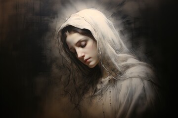 Portrait of a beautiful girl in a white veil on a dark background