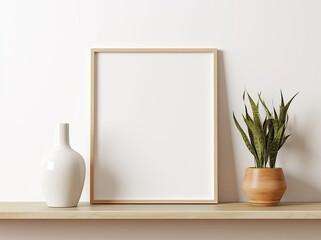 Clean and simple composition with a vertical mockup frame, bordered by a wooden frame, resting against a white wall on a wooden shelf. Beside the frame, there is a white vase holding green foliage