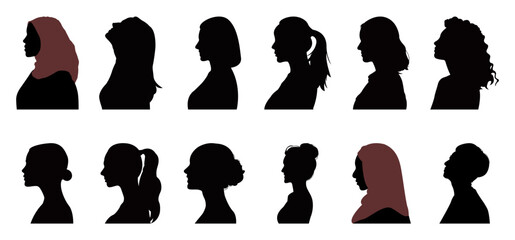 Vector set of diversity women detailed silhouette isolated on white background. Vector Illustration. - obrazy, fototapety, plakaty