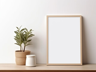Clean and simple composition with a vertical mockup frame, bordered by a wooden frame, resting against a white wall on a wooden shelf. Beside the frame, there is a white vase holding green foliage