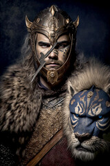 Portrait of a Viking warrior with leopard, generative ai