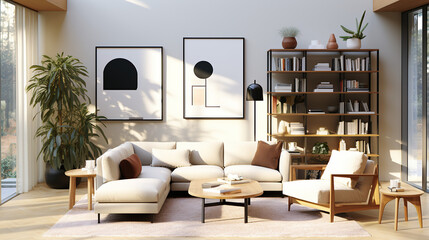 Fototapeta premium Stylish Living Room Interior Mockup, Modern Interior Design, 3D Render, 3D Illustration