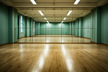 Empty room with mirrored wall and wood flooring.