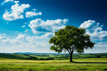 Fototapeta na wymiar Lone tree in green field under blue sky.