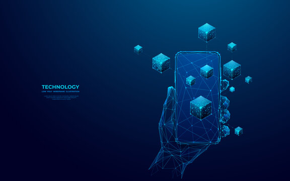 Abstract hand-holding phone with blockchain on an empty screen. Digital linked blocks hologram on modern smartphone. Metaverse or cryptocurrency concept. Low poly wireframe vector illustration.