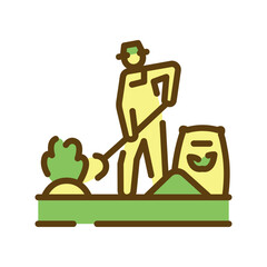 Worker fertilizes the plantscolor line icon. Garden service.