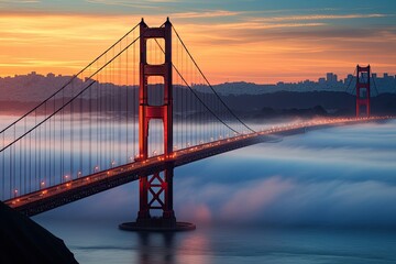 Fototapeta na wymiar Golden Gate Bridge in San Francisco in the sunrise surounded by clouds (Generative AI)