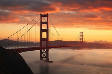 Golden Gate Bridge in San Francisco in the sunrise surounded by clouds (Generative AI)