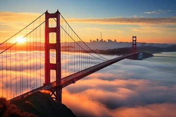 Fototapeta na wymiar Golden Gate Bridge in San Francisco in the sunrise surounded by clouds (Generative AI)