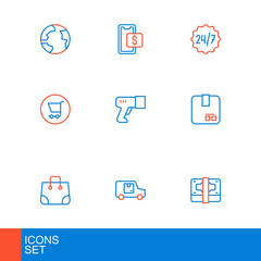 Set line Stacks paper money cash, Delivery cargo truck, Paper shopping bag, Carton cardboard box, Shopping cart, Scanner scanning bar code, Clock 24 hours and Mobile icon. Vector