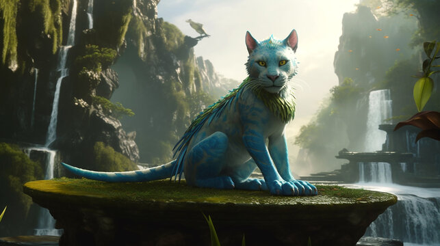 Illustration of blue cat with yellow eyes looks like a character from movie Avatar, generative ai