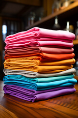 Stack of folded shirts sitting on top of wooden table.