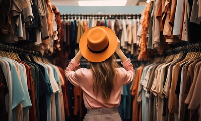 Beautiful young woman in hat looking at the clothing in the store. - obrazy, fototapety, plakaty