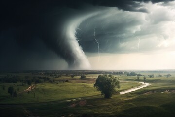 a large tornado swirling across the grassy plains