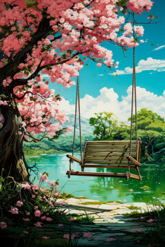 Image of swing hanging from tree next to body of water.