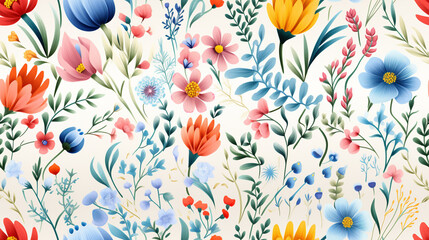 Wildflowers white red blue floral seamless pattern watercolor white background