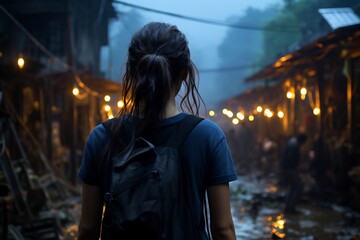 Woman with backpack is walking through street at night.