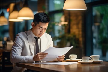 The handsome Chinese man in China is in the coffee shop, looking through the letters in distress