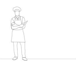 Man line chef cook with knife in apron with cap cap on head vector illustration