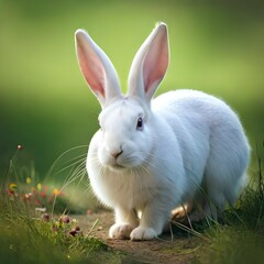 Fototapeta premium Easter, white rabbit laying Easter eggs. neutral background. AI generated.