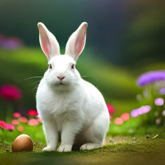 Easter, white rabbit laying Easter eggs. neutral background. AI generated.