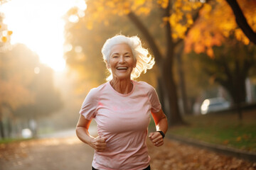 Happy active senior woman running in autumn park.