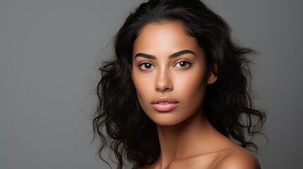 Fototapeta premium closeup portrait of a hispanic/latino woman with a studio background - mockup template for skincare/beauty products/ads (generative AI)
