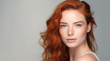 Naklejka premium closeup portrait of a redheaded woman with a studio background - mockup template for skincare/beauty products/ads (generative AI)