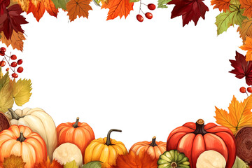 Naklejka na ściany i meble Autumn harvest frame with Thanksgiving motifs: pumpkins, fall leaves and fruits, generative ai