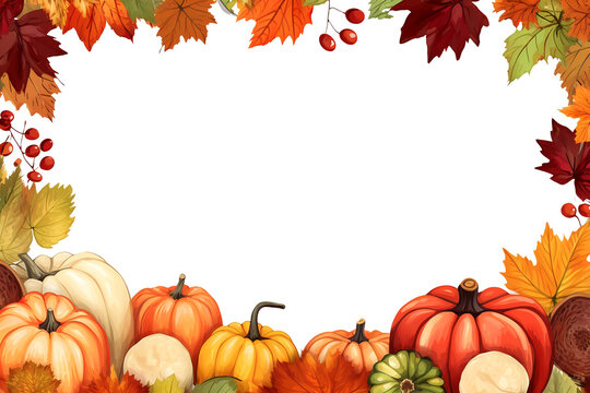 Autumn harvest frame with Thanksgiving motifs: pumpkins, fall leaves and fruits, generative ai