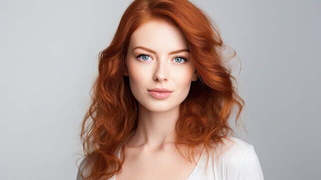 closeup portrait of a redheaded woman with a studio background - mockup template for skincare/beauty products/ads (generative AI)