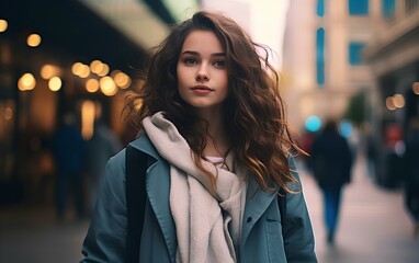 Obraz premium A young woman walking in a modern city, a photo of a pretty cute lady.