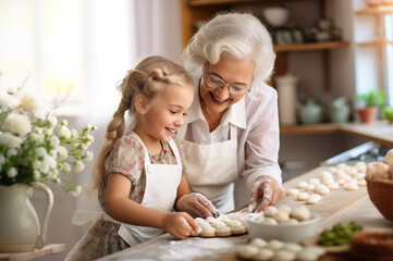 AI generated image of grandma with granddaughter baking - obrazy, fototapety, plakaty