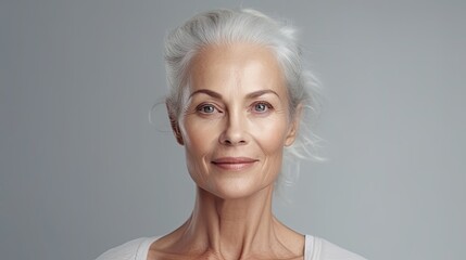 closeup portrait of a an elderly woman with a studio background - mockup template for skincare/beauty products/ads (generative AI)