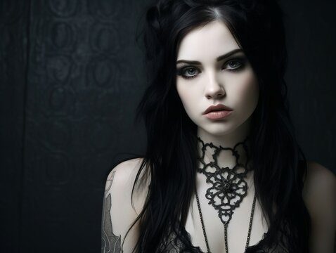 Fashion art dark beauty portrait of a gothic girl with pale skin and red lips