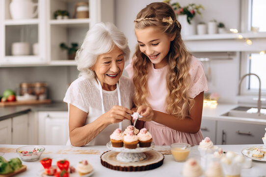 AI generated image of grandma with granddaughter baking