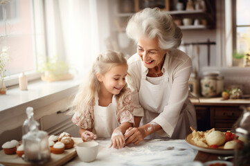 AI generated image of grandma with granddaughter baking - Powered by Adobe