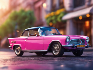 Fototapeta na wymiar Pink retro car on vintage street background