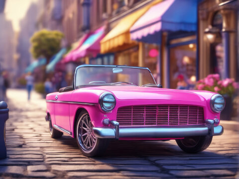 Pink retro car on vintage street background