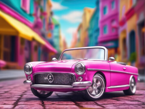 Pink retro car on vintage street background