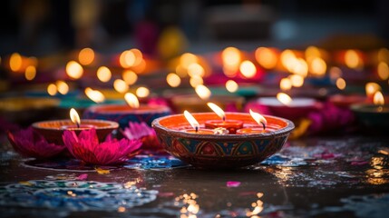 Diwali festival, colorful diya candles with flower petals